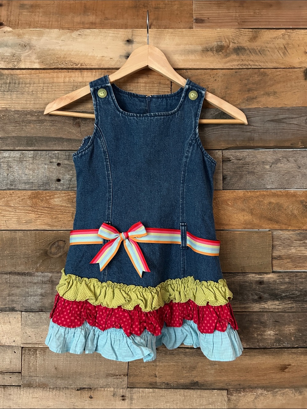 Girls Denim Ruffle Dress with Rainbow Bow - Blue